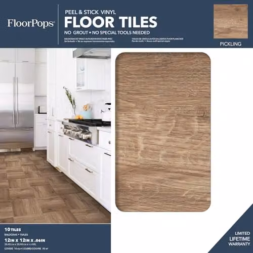 FloorPops FP3319 Pickling Self-Adhesive Wood Look Floor Tiles, Brown, W: 30.48 cm, D: 30.48 cm, H: 0.15 cm – 2