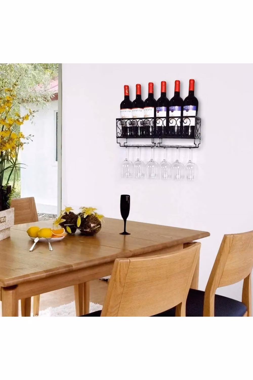 Living and Home Wall Mounted Metal Wine Rack and Champagne Glass Holder in Matt Black, Width: 50 cm – 2
