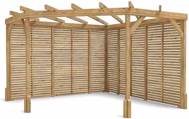 Dunster House Utopia Diamond Wooden Corner Pergola Kit in Brown with Slatted Walls and Trellis