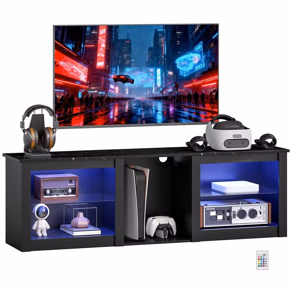 STILVORA Modern Black TV Stand with Integrated LED Lighting and Media Storage Compartments – 3