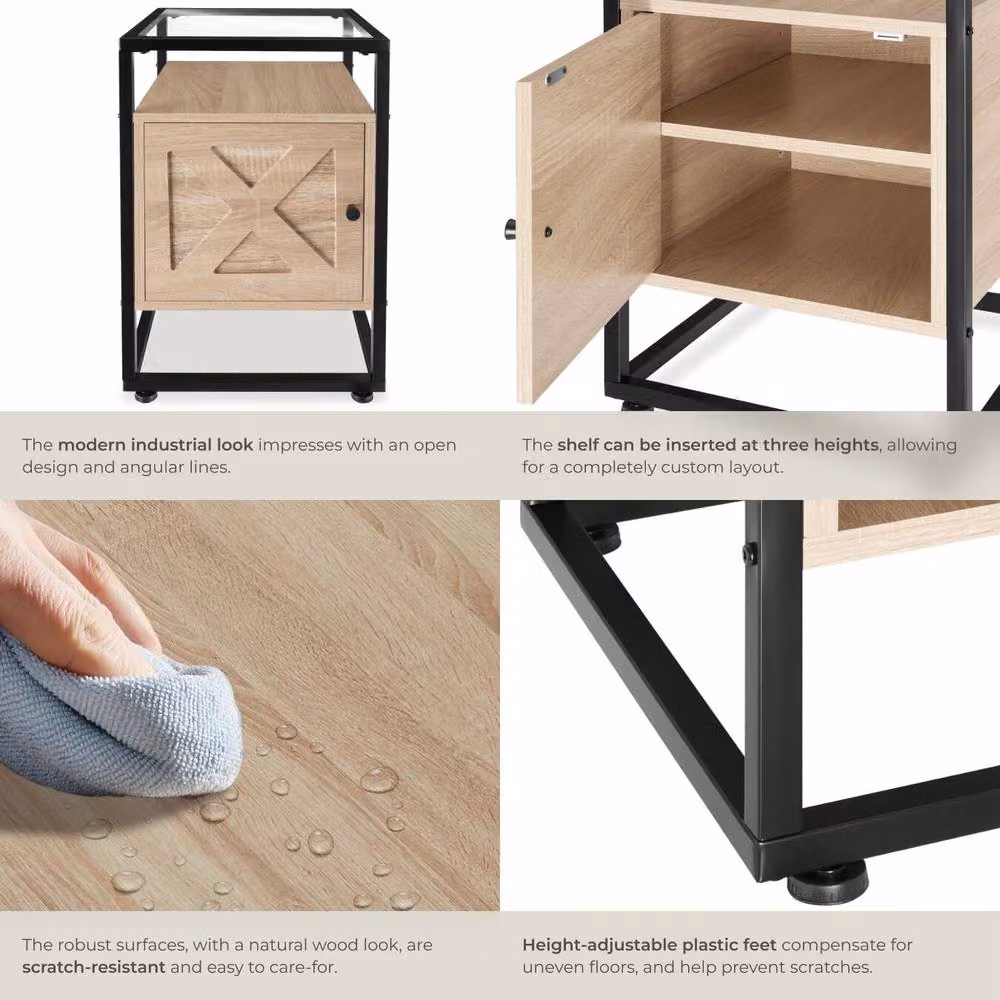 tectake Kidderminster Bedside Table with Shelf and Cupboard in Light Oak, W/D/H: 40 x 43 x 60.5 cm – 4