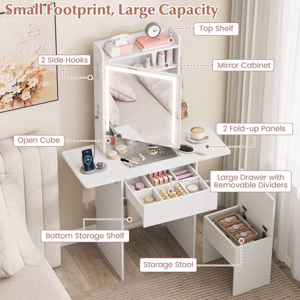 Costway Compact White Vanity Desk with Hollywood LED Mirror and Power Outlets – 2