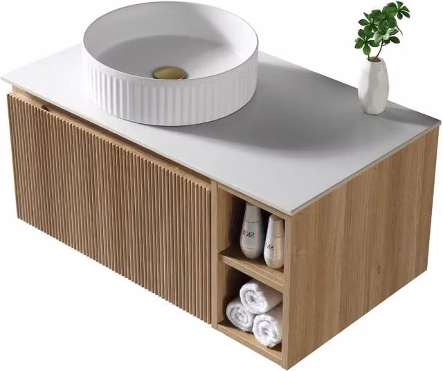 Bathroom Kingdom Flauto Oak Wall Hung Basin Vanity with Soft Close Doors and Open Shelf, Width: 80 cm