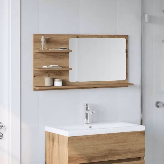 Berkfield Home Artisan Oak Bathroom Mirror Cabinet, Brown, W/D/H: 90 x 11 x 45 cm – 1