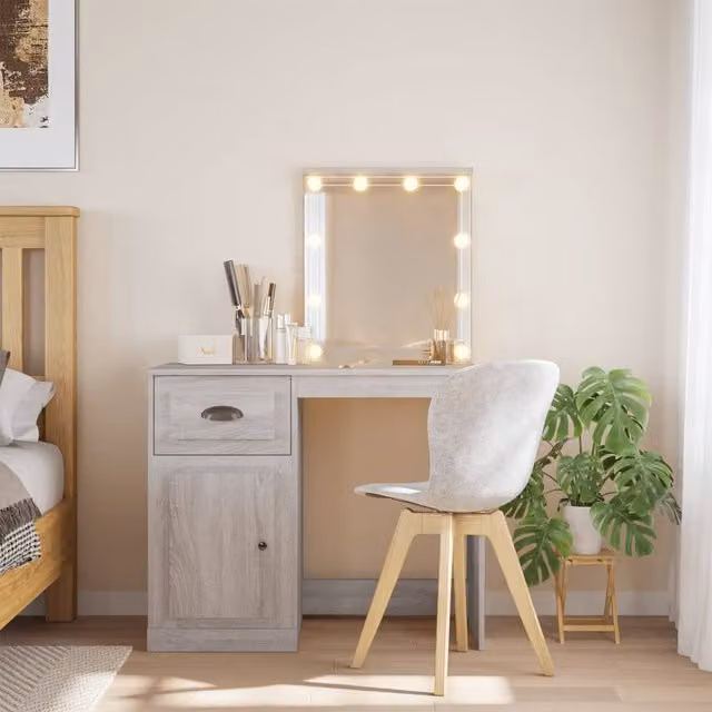 Berkfield Home Dressing Table with LED Lights, Grey and Brown, W/D/H: 90 x 42 x 132.5 cm – 1
