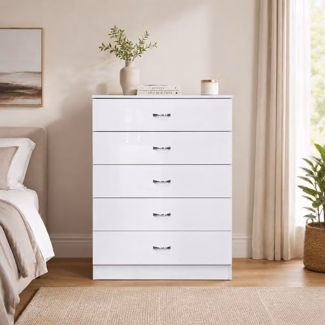 LUXURY LIFE Chilton Modern 5 Drawer Tower Chest of Drawers in Gloss White