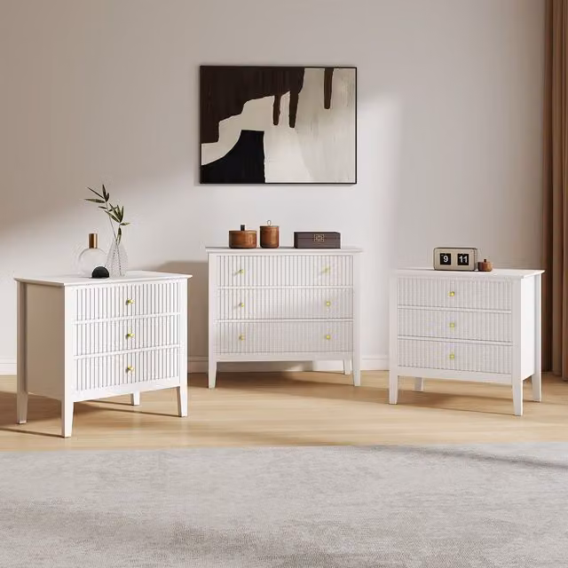 Melody Maison Hales White Wide 3 Drawer Chest of Drawers and Pair of Large Bedside Tables