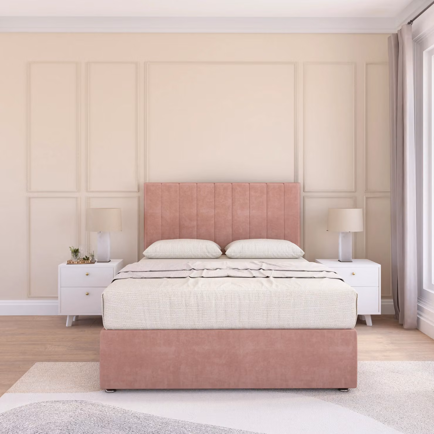 Sloomy Kansas King Size Divan Bed Base and Floor Standing Headboard in Pink Velvet
