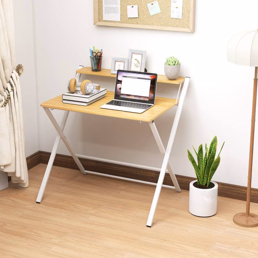 Rolipo Compact Folding Computer Desk with 2-Tier Storage Shelf in Brown – 2