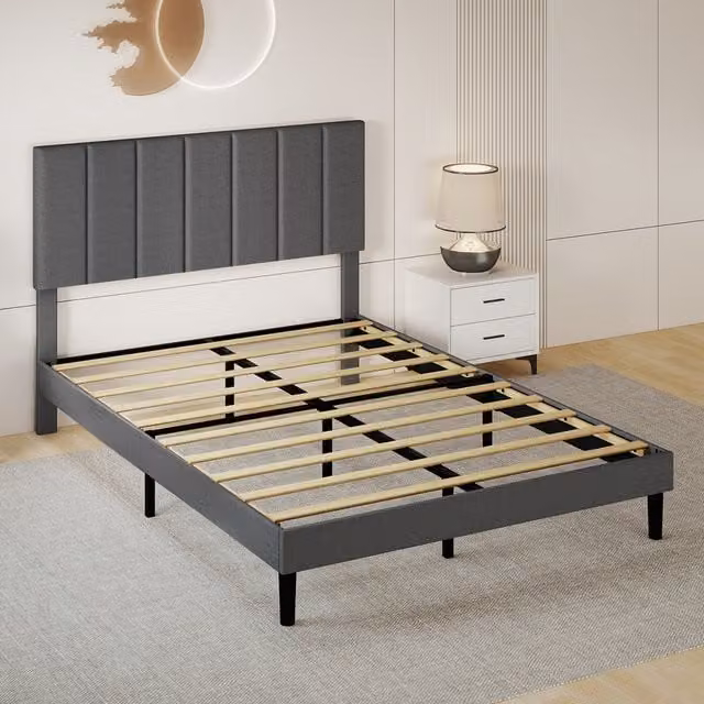 Levede Modern Upholstered Linen Fabric Bed Frame with Headboard in Black and Grey, W/D/H: 124.0 x 200 x 193.5 cm