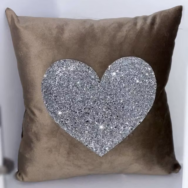 Fabricnco Mink Plush Heart Cushion in Brown and Silver