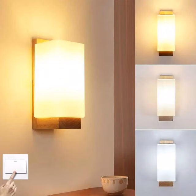 EONLION Modern LED Glass and Wood Wall Lamp in Natural and White