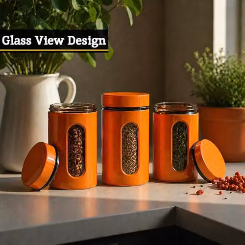 Premier Housewares Set of Three Airtight Glass Storage Jars with Orange and Yellow Lids – 3