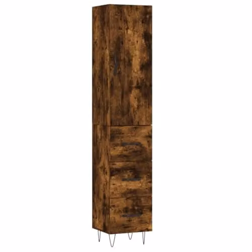 vidaXL Modern Highboard in Smoked Oak, Brown Engineered Wood and Metal with Hinged Doors, W/D/H: 34.5 x 33.0 x 180.0 cm