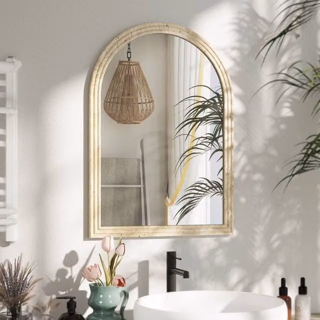 HOMCOM Modern Arched Wall Mirror in Beige with Tempered Glass and Polystyrene – 1