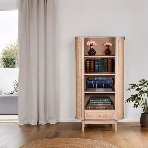 Indian Hub Valencia Bookcase in Brown Mango Wood and Rattan, W90 x D40 x H165 cm – 2