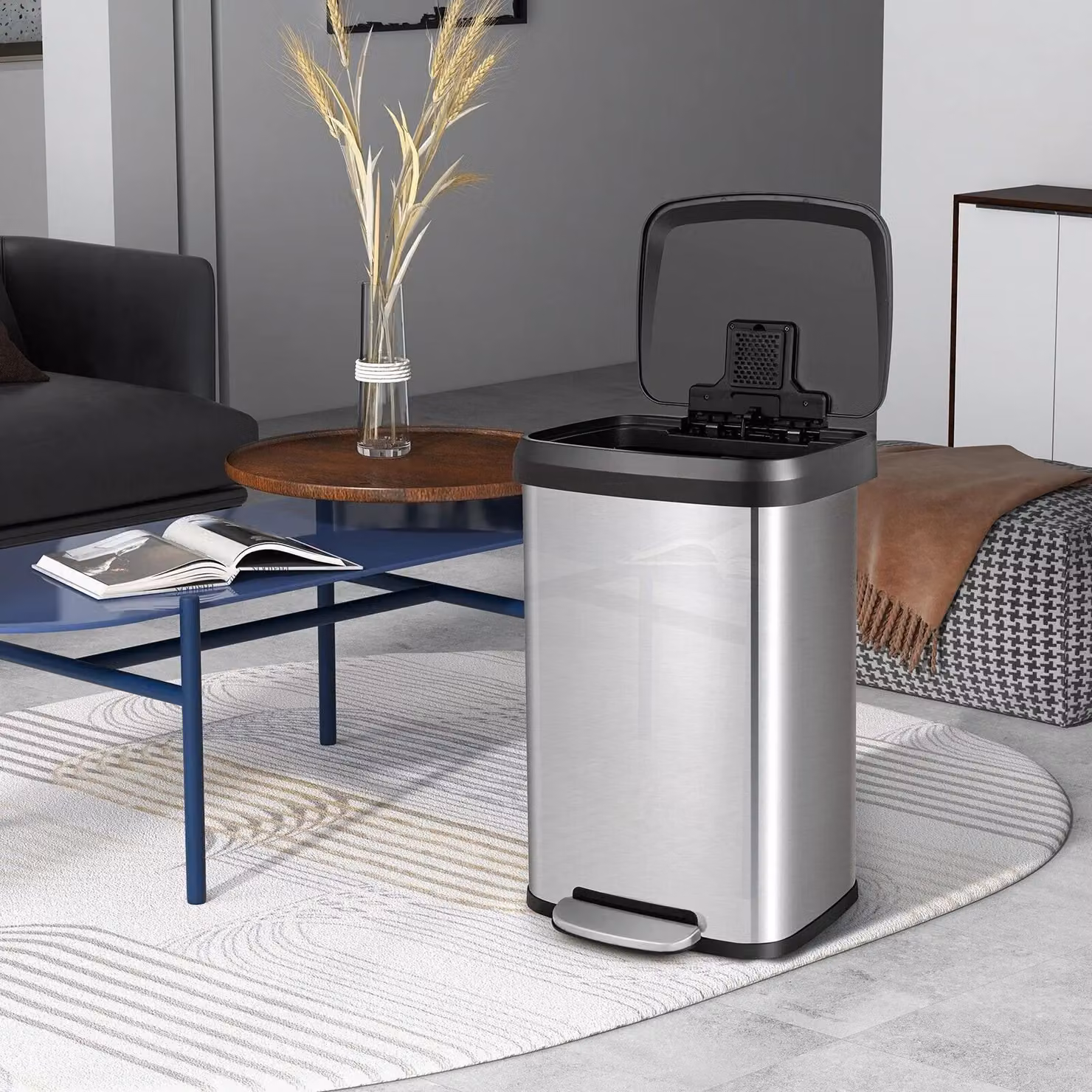 Costway 50L Stainless Steel Rectangular Step Trash Bin with Pedal in Silver – 4