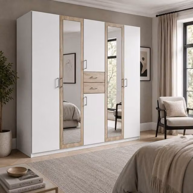 KDMD Greenwich Oak 5 Door Wardrobe with Mirrors and Integrated Drawers in White, H 225 cm x W 225 cm x D 58 cm – 1