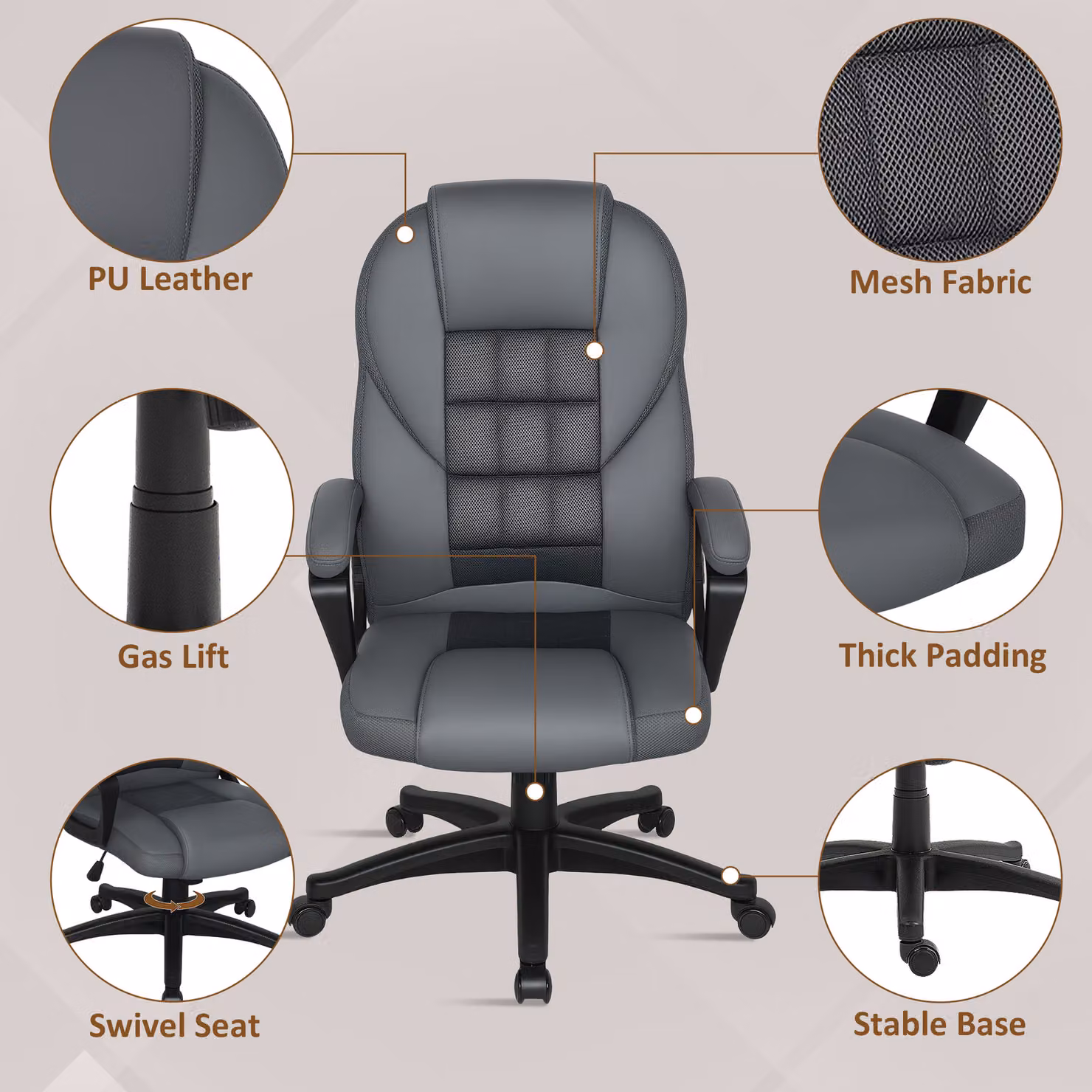 HOMCOM Modern Faux Leather Swivel Office Task Chair in Grey, W/D/H: 48 x 48 x 120 cm – 4