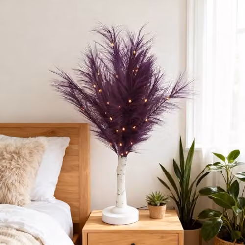 Shatchi 2-Piece Purple Feather Tree Table Lamp with Warm White LEDs, Height: 70 cm – 5