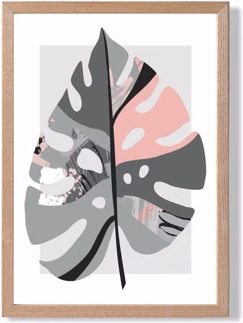 ARTZE Monstera Leaf Grey and Pink Boho Botanical Framed Print with Oak Wood Frame, A3