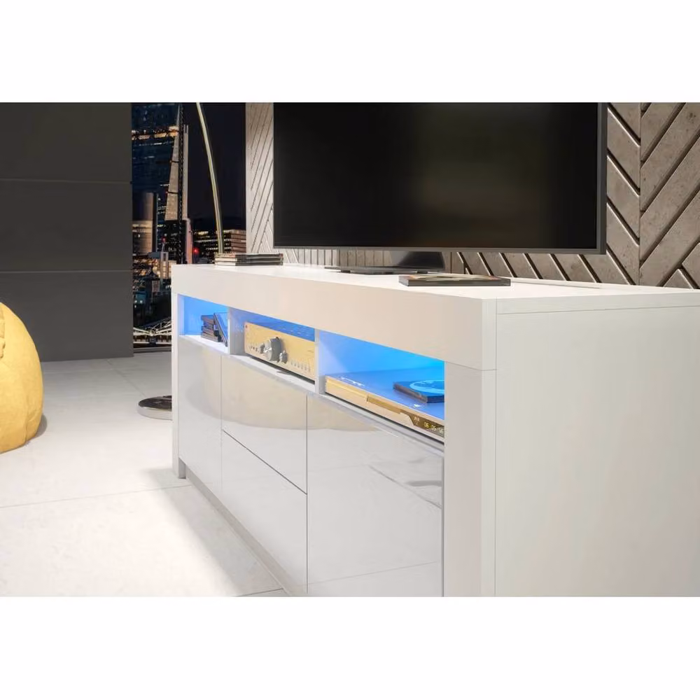 FORGEVIO Modern TV Stand Cabinet with White Matt Body and White Gloss Doors – 2