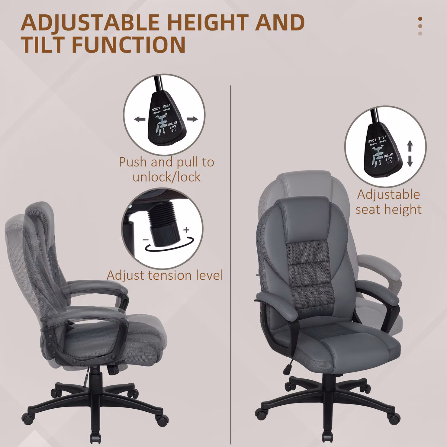 HOMCOM Modern Faux Leather Swivel Office Task Chair in Grey, W/D/H: 48 x 48 x 120 cm – 3