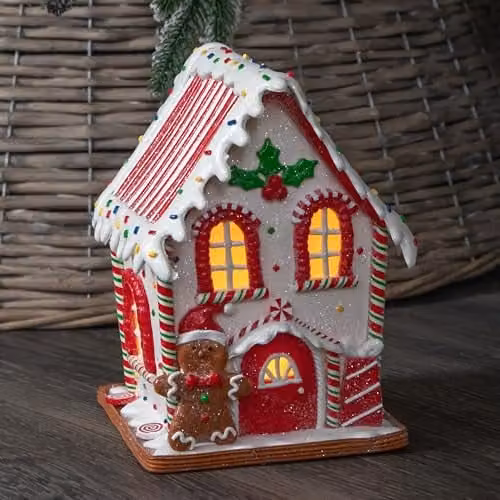 Samuel ALEXANDER Light up Gingerbread Candy Cabin with Warm White LEDs, Red, White and Multicolour, H: 20 cm, W: 15 cm, D: 14 cm