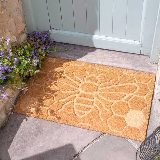 Marco Paul Heavy Duty Coir Door Mat with Honey Bee Design in Brown, W: 45 cm, D: 75 cm
