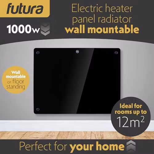 Futura 1000W Black Glass Electric Convector Panel Heater, Wall Mounted or Freestanding with Timer and Thermostat – 2