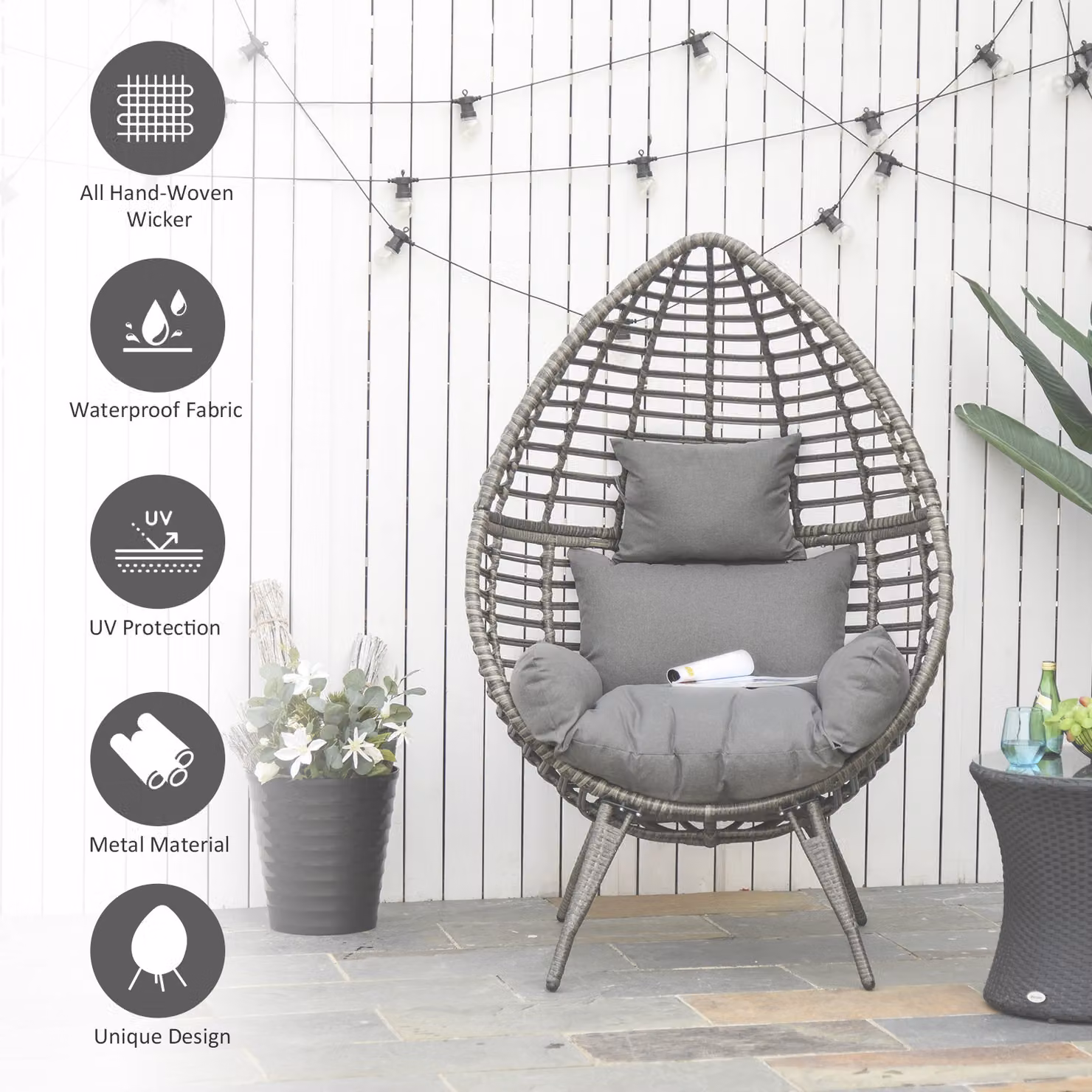 Outsunny Grey Rattan Egg Chair with Cushions for Indoor and Outdoor Use – 4