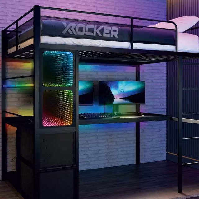 X Rocker Battlebunk XL Infinity RGB Elevated Single High Sleeper Bed in Black with USB Charging Port and Under-Bed Lighting, W/D/H: 140 x 200 cm