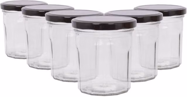 Argon Tableware Set of 6 Transparent Glass Jam Jars with Black Metal Screw Lids, 250ml Each