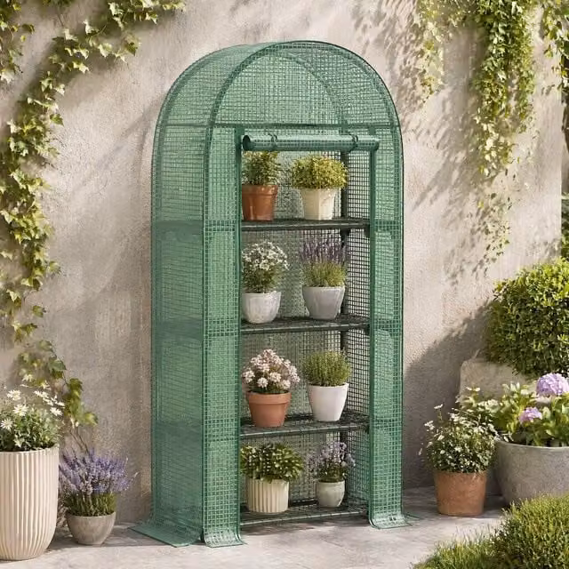STILVORA 4 Tier Mini Greenhouse with Zipped Door in Green, H 160 cm x W 80 cm x D 49 cm