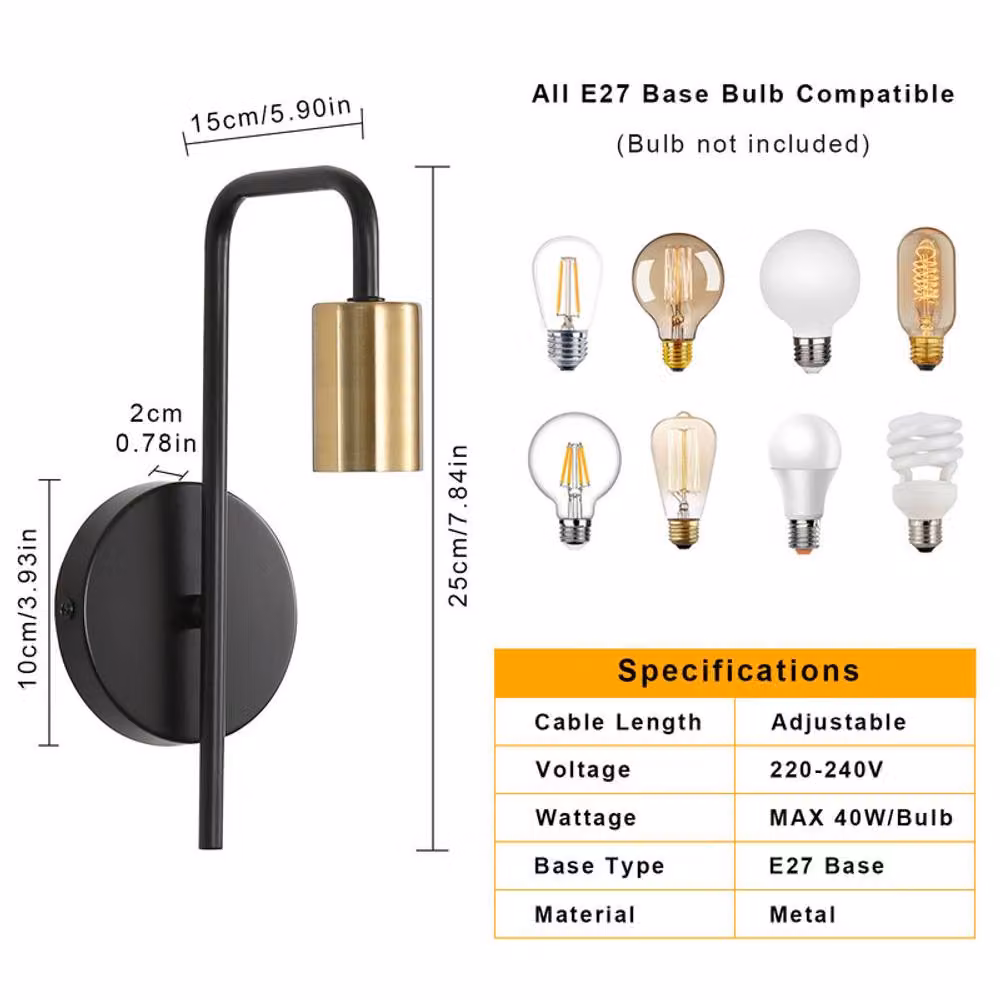 COMELY 2 Pack Vintage Industrial Wall Lights in Black and Gold/Brass with E27 Glass Shades – 6