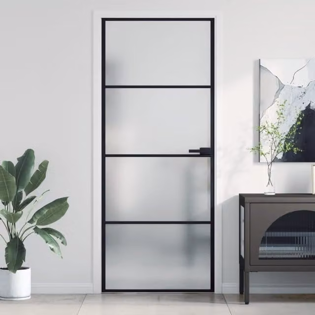 Berkfield Modern Slim Interior Door in Black with Tempered Glass and Aluminium, W: 83 cm, H: 201.5 cm – 1