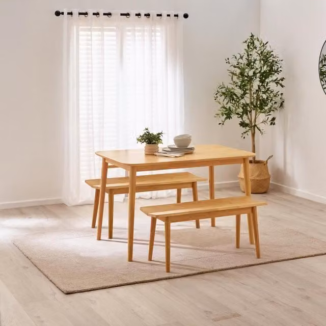 FurnitureboxUK Lynton Mid-Century Wooden Dining Table and 2 Benches Set, Brown Rubberwood