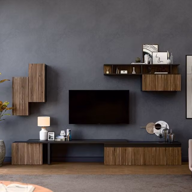 Decorotika Granada Wall Mounted Entertainment Center in Black with Alina Pattern and Lift-up Doors