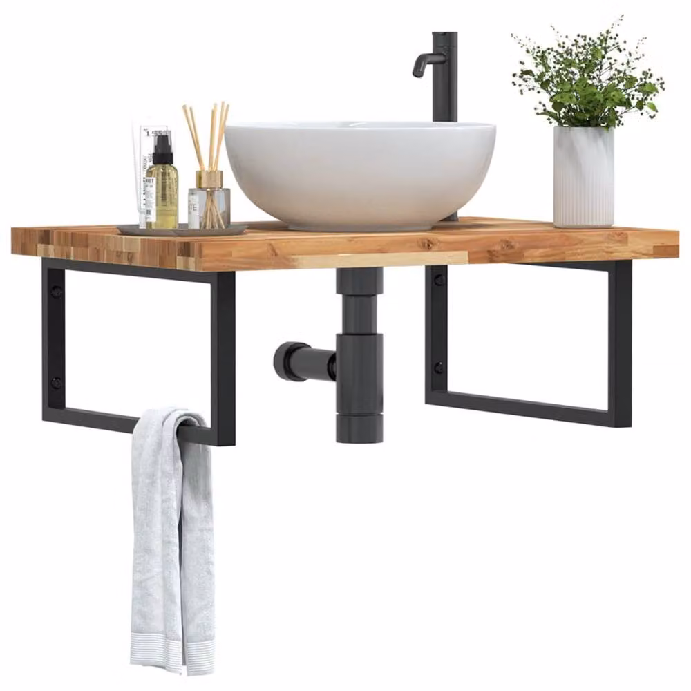 Berkfield Home Wall Mounted Basin Shelf in Brown Acacia Wood and Steel – 1