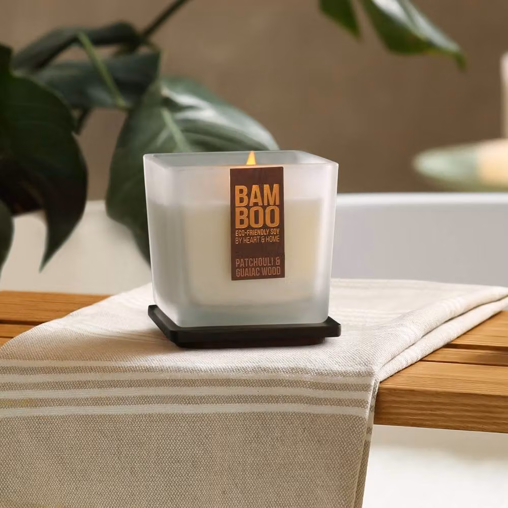 Heart and Home Bamboo Large Soy Wax Candle in Patchouli & Guaiac Wood, Cool White – 3