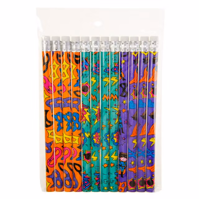LG-Imports Pack of 12 Multicolour Superhero Design Graphite Wood School Pencils with Eraser and White Accents