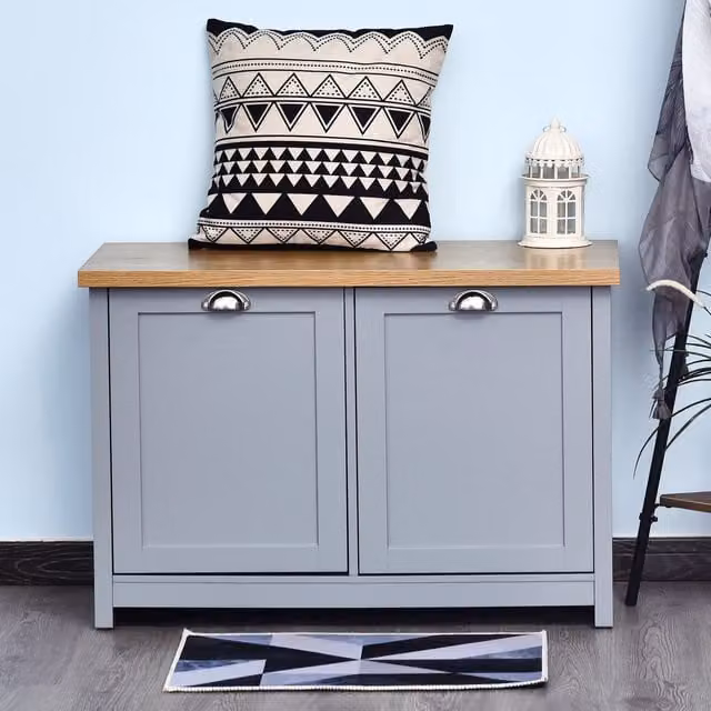 HOMCOM Grey Rustic Wood Effect Shoe Cabinet with 4 Tilting Storage Compartments