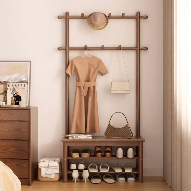 YQJJGL Solid Wood Hall Tree with Bench and 2-Tier Storage Shelves in Walnut Brown, W: 80 cm, H: 170 cm, D: 30 cm