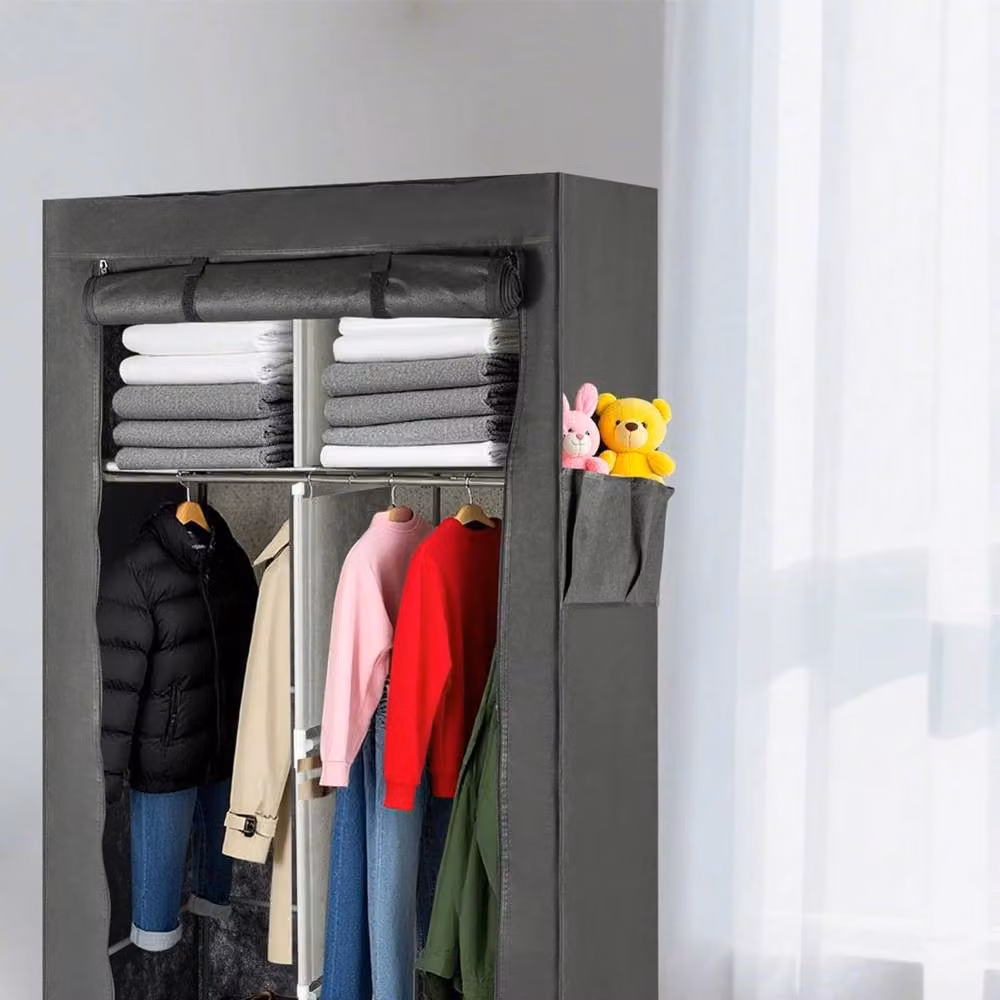 EONLION Black and Grey Portable Fabric Wardrobe Storage Organiser with Internal Shelves and Hanging Rod, Width: 100 cm – 2