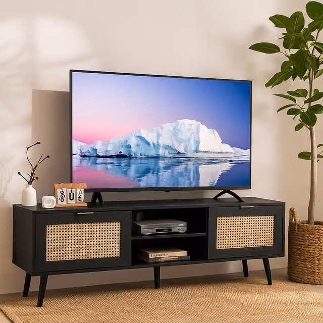 Home Stuff Plus Modern Black Rattan and Pine TV Stand Cabinet, W: 150 cm, D: 40 cm, H: 52 cm