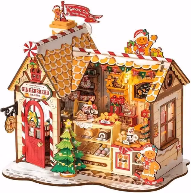 Syntego DIY Christmas Gingerbread Miniature House Kit, Multicolour Wood Tabletop Model for Adults