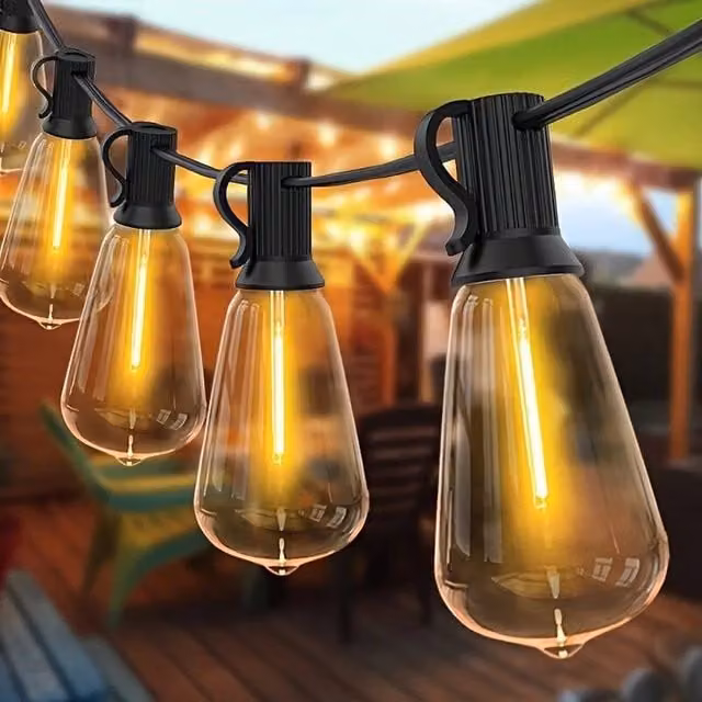 NESTLUNE 30m Solar LED Garden Bulb String Lights in Black with Warm White Glass Bulbs