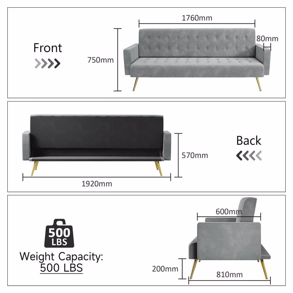 FLAVORA 3 Seater Grey Velvet Click Clack Sofa Bed with Solid Wood Frame – 2