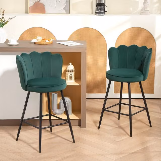 HOMCOM Set of 2 Modern Velvet Barstools with Petal Backrest and Metal Legs in Dark Green