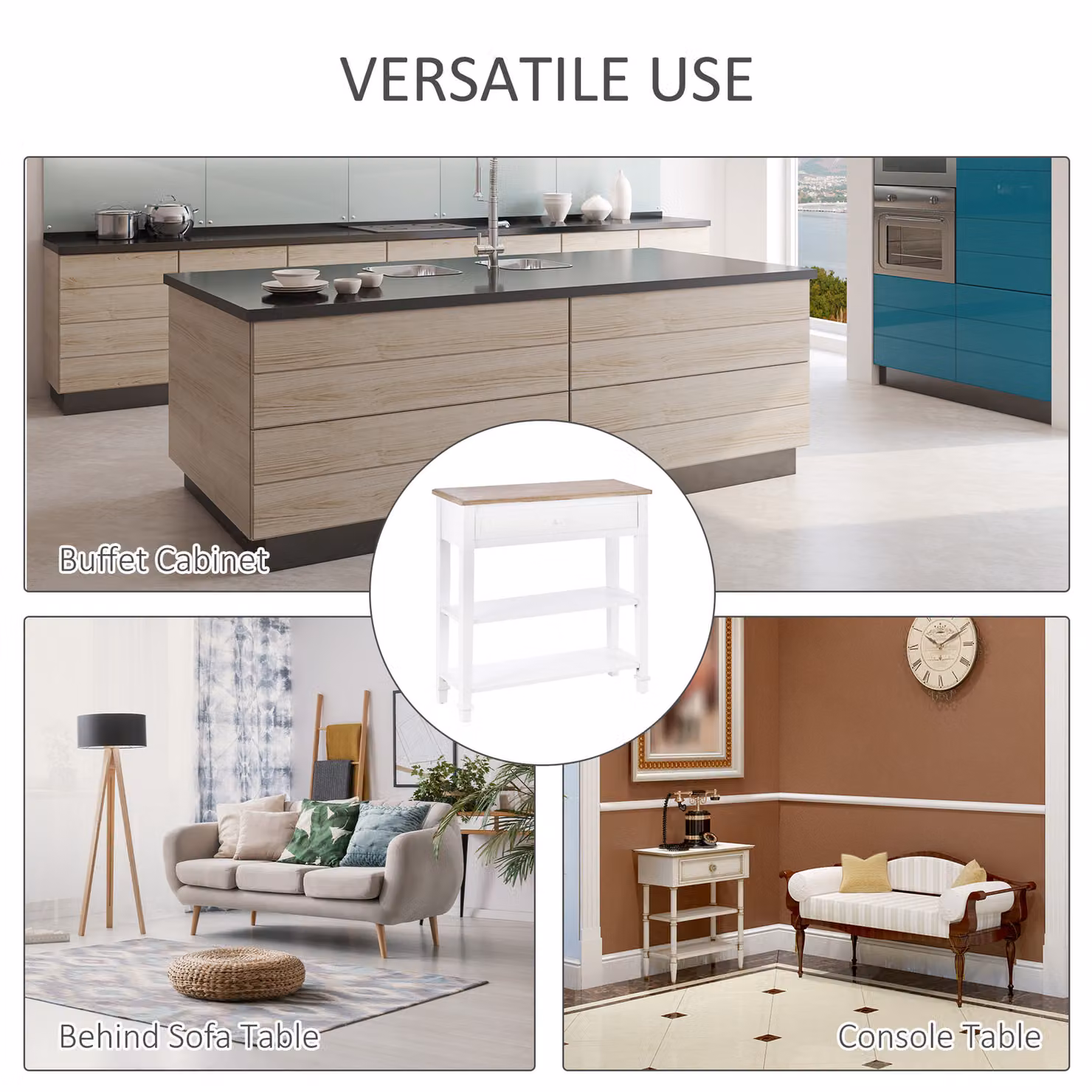 HOMCOM Retro Style Console Table with One Drawer and Two Shelves in Brown and White – 3
